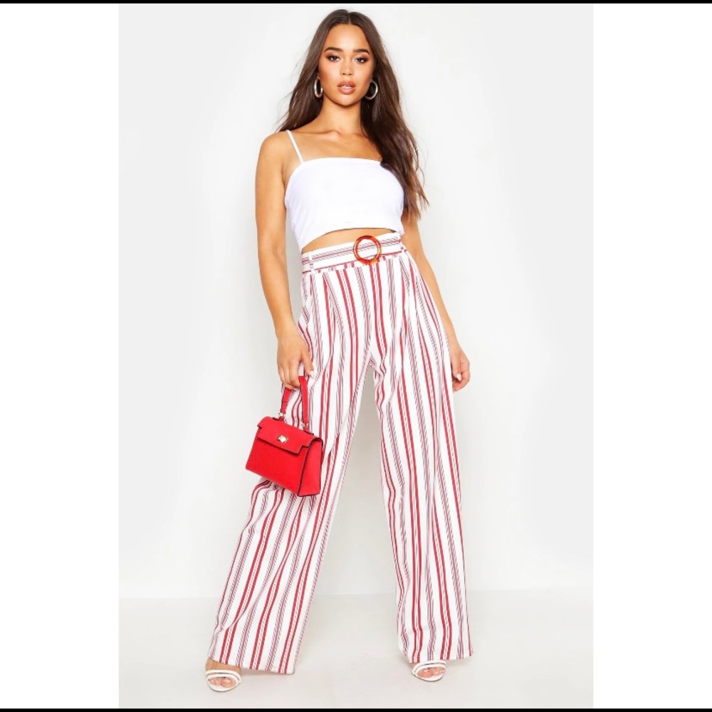 Tonal stripe wide leg belted trousers terracotta